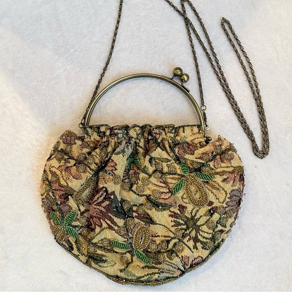Vintage Beaded Tapestry Brassy Clasp Top Handle Clutch Handbag chain strap NEW